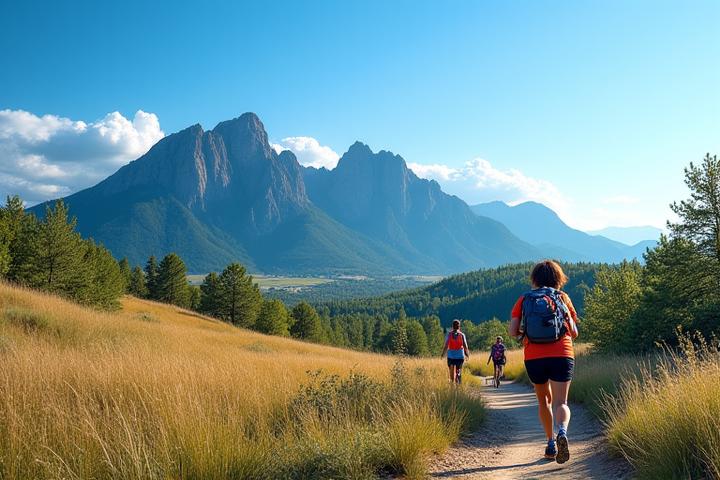 Panoramic view of Boulder, Colorado, with people hiking and biking in the foreground, signifying an active, healthy lifestyle