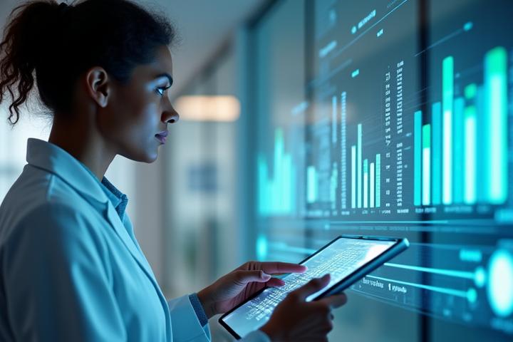 Scientist analyzing data on a tablet with wellness charts in the background, illustrating evidence-based approach