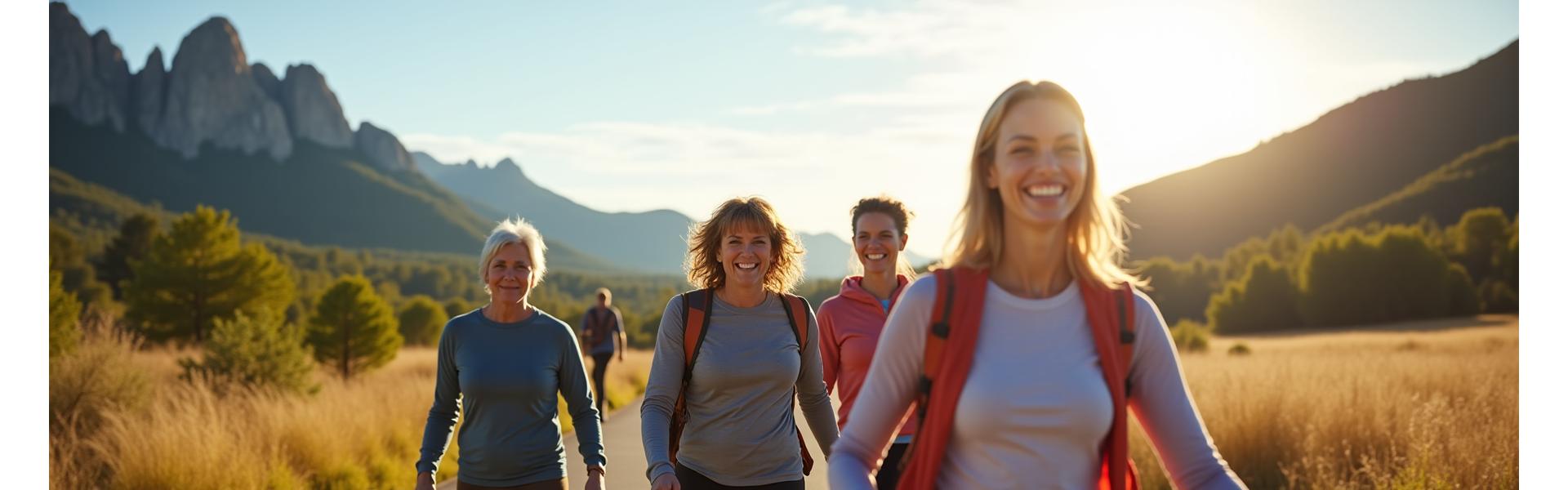 Boulder's Flatirons with a diverse group of adults engaging in healthy activities, symbolizing community and vitality