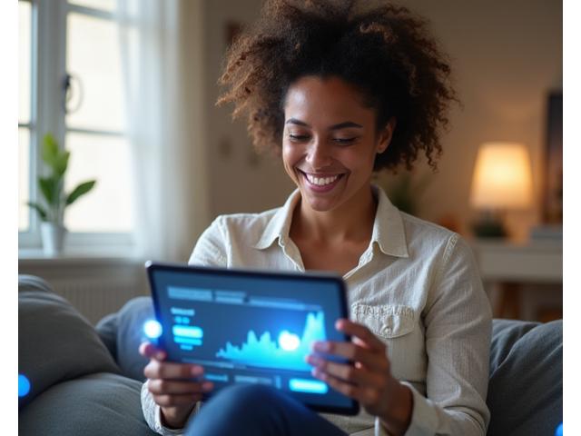 Woman happily participating in an online wellness workshop on a tablet, with vibrant, abstract digital elements representing learning and health around her, bathed in soft, inviting light.