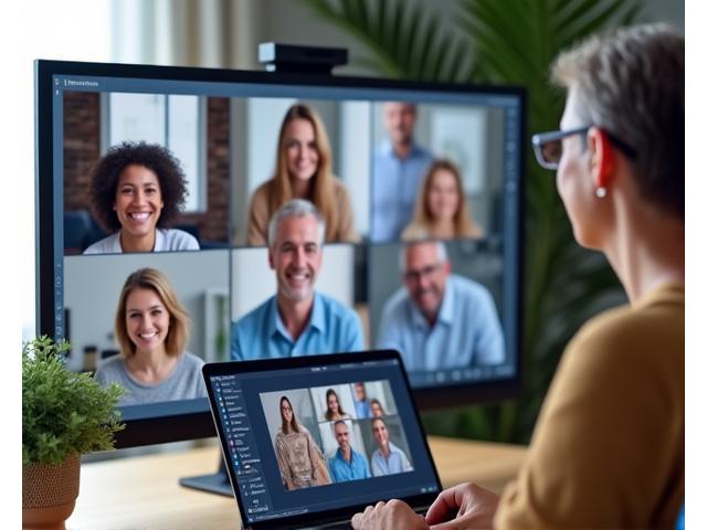 A diverse group of adults genuinely engaged in an online video call, smiling and interacting, symbolizing collaborative and active learning.