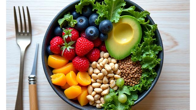 A vibrant bowl of fresh, colorful plant-based food, artfully arranged, highlighting healthy eating.