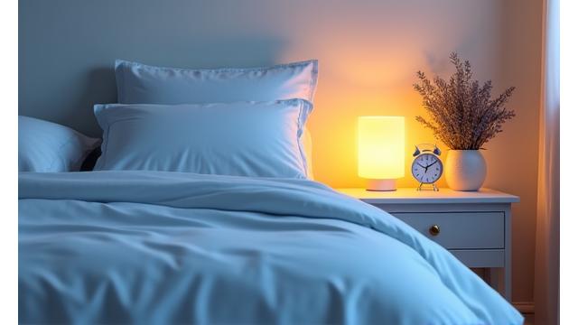 A serene bedroom scene with soft lighting and an alarm clock showing optimal sleep hours, symbolizing rest and rejuvenation.